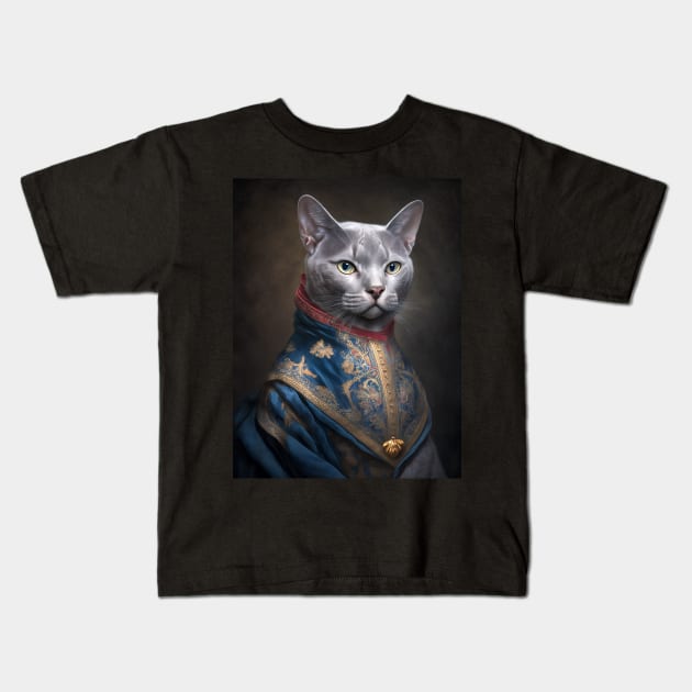 Royal Portrait of a Russian Blue Cat Kids T-Shirt by pxdg